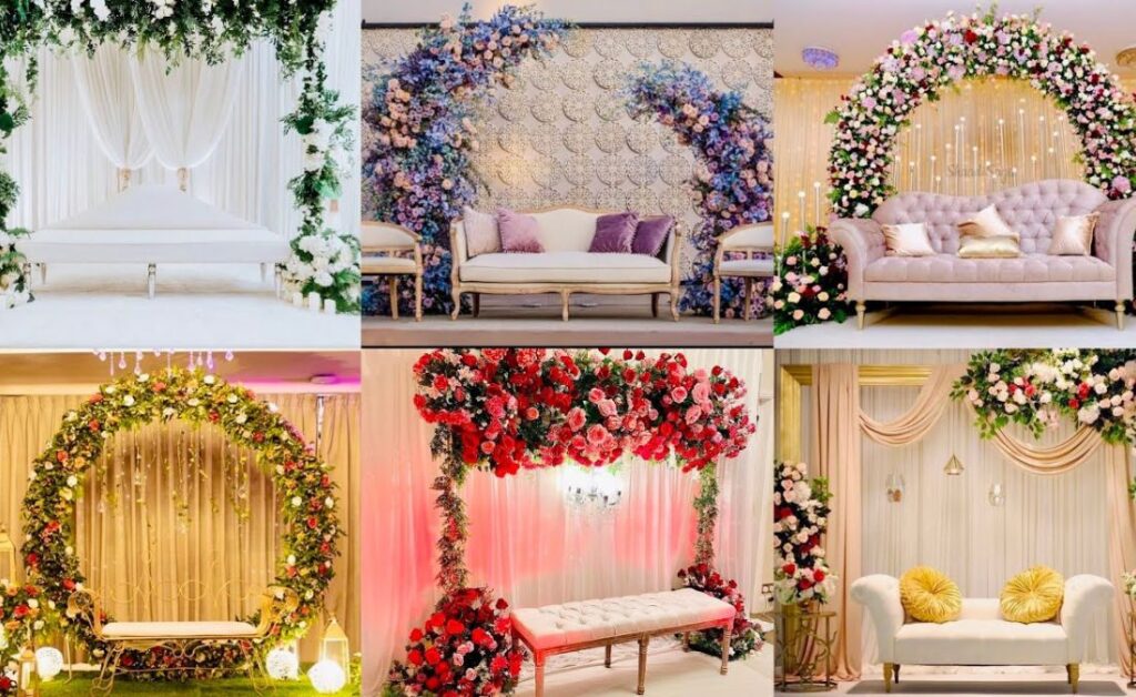 Stylish wedding stage with elegant floral decor, luxury seating, and beautiful lighting.