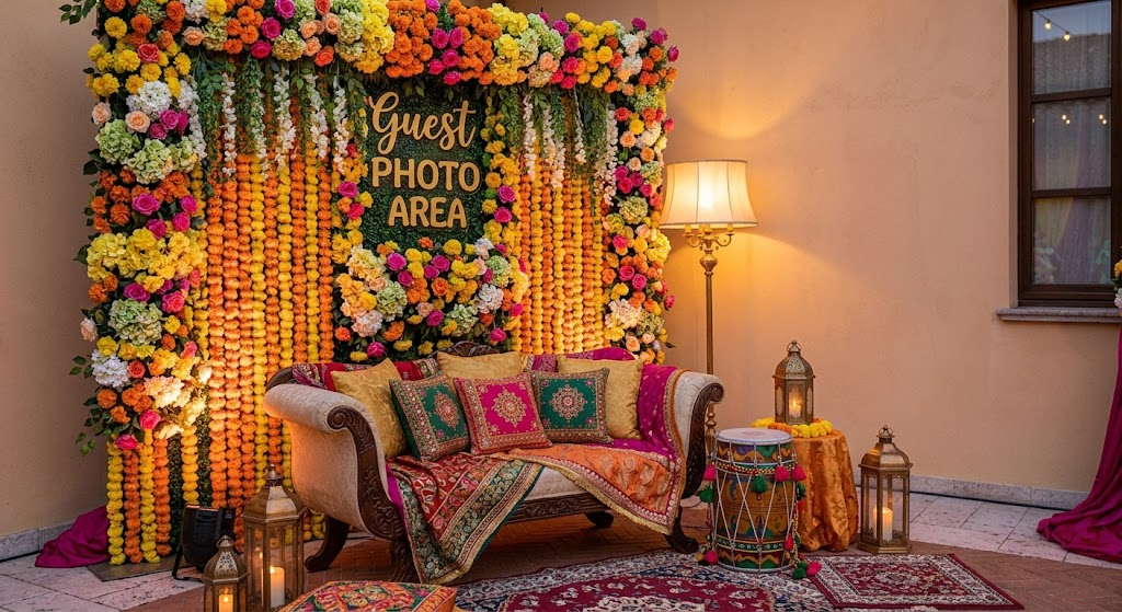 Alt Text: Colourful Dholki stage decoration in Rovato Italy