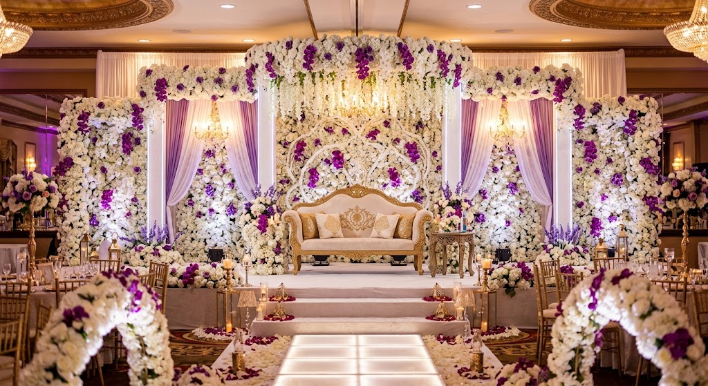White and purple artificial flower Barat wedding decor in Italy.